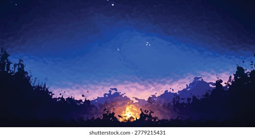 A vibrant campfire glows brightly against a dark, textured night sky, illuminating the silhouetted landscape and creating a warm, inviting atmosphere under scattered stars.