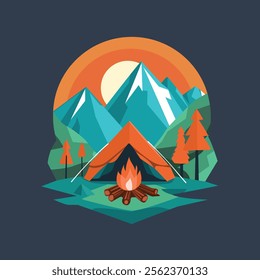 Vibrant Campfire Scene with Mountains