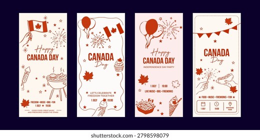 Vibrant canada day celebration posters with festive icons and patriotic themes.