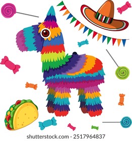 piÃ±ata vibrante, doces, taco e sombrero