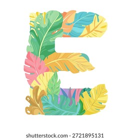 
Una vibrante letra E mayúscula creada a partir de un colorido collage de hojas tropicales exóticas, una inicial de alfabeto botánico fresco perfecta para los diseños de verano