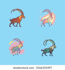 Vibrant Capricorn zodiac sign illustration featuring a colorful body and long spiral horns, perfect for astrology-themed designs, horoscopes, and decorative artwork.