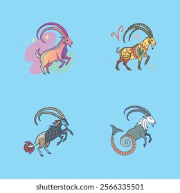 Vibrant Capricorn zodiac sign illustration featuring a colorful body and long spiral horns, perfect for astrology-themed designs, horoscopes, and decorative artwork.