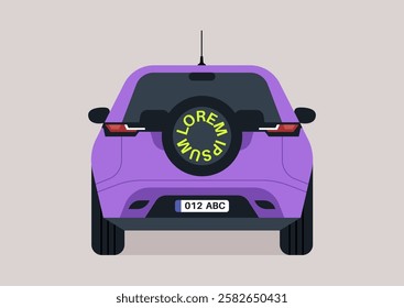 Vibrant car design featuring a distinctive spare tire with a catchy phrase in a modern urban setting