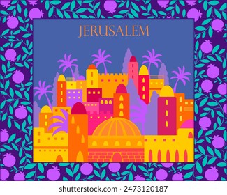 Vibrant card with Jerusalem old cityscape surrounded by pomegranates frame. Hand drawn illustration for children illustration, banner, cover, print, postcard, wall art, jewish holidays decoration 
