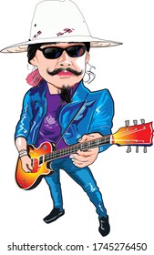 A vibrant caricature of a musician with a mustache and sunglasses, holding an electric guitar, dressed in a blue outfit and a wide-brimmed hat.
