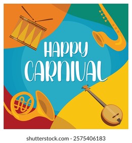 Vibrant carnival banner with a joyful theme, showcasing saxophone, drum, banjo, and French horn. Flat vector modern illustration 