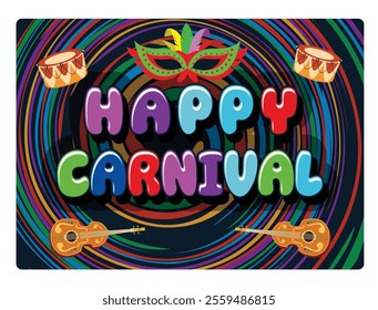 Vibrant carnival design with colorful text, party masks, drums, and guitars. A vibrant celebration of Brazilian culture. Carnival party concept.