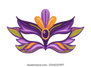 A vibrant carnival mask adorned with vivid feathers and foliage will enhance the spirited Mardi Gras celebration. This flat-style vector illustration is perfect for stickers or design elements.