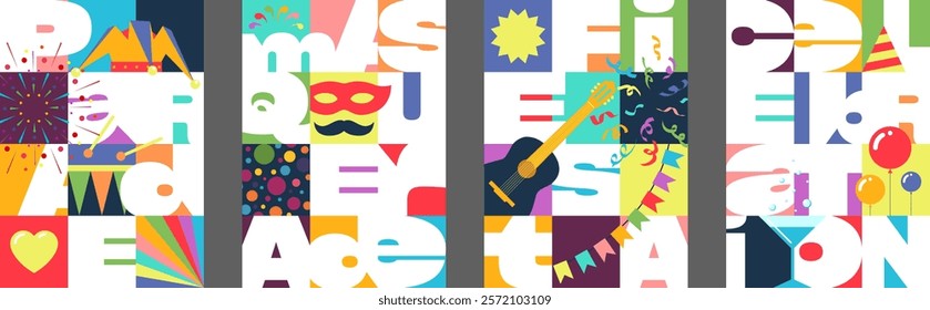 Vibrant carnival poster set featuring festive masquerade mask, confetti and fireworks. Colorful geometric designs perfect for party invitations, holiday banners and lively celebration graphics