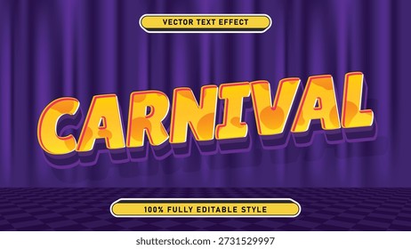 Vibrant Carnival Text Effect with 3D Shadow and Textured Fill on a Purple Curtain Background; Editable Typography Style for Festive Designs and Celebrations