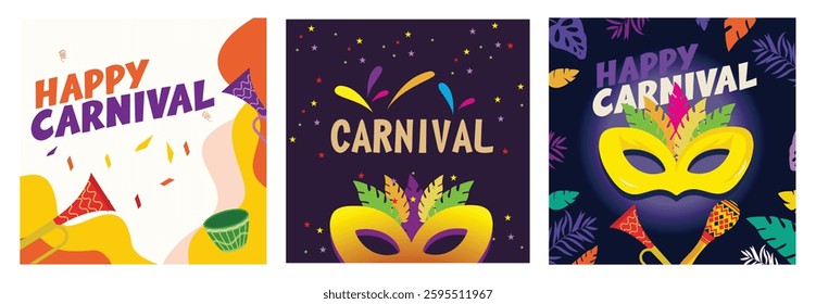 Vibrant carnival-themed illustrations showcasing festive masks, confetti, and colorful decorations. Perfect visuals for representing joyful festivities, celebrations, and carnival parties.