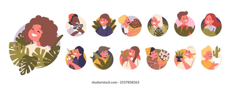 Vibrant Cartoon Avatars Featuring Diverse Kids Characters Enjoying Plants And Flowers In A Whimsical Style