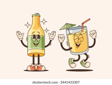 Vibrant Cartoon Bottle And Cocktail Cup Characters, Sporting Wide Smiles In Retro Vector Art. Isolated Unique And Lively