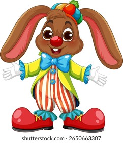 Um coelho vibrante dos desenhos animados vestido como um palhaço com orelhas grandes, cores brilhantes e trajes divertidos. Perfeito para temas infantis