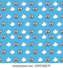 Vibrant Cartoon Butterfly and Cloud Pattern on Blue