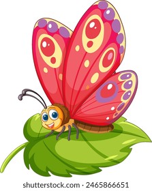 Vibrant cartoon butterfly resting on a leaf