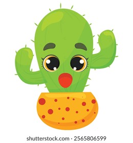 A vibrant cartoon cactus with an expressive face, large eyes in a decorative flower pot. An emotional character suitable for children's products, illustrations, animations, and decor