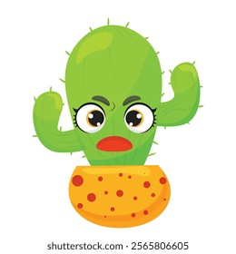 A vibrant cartoon cactus with an expressive face, large eyes in a decorative flower pot. An emotional character suitable for children's products, illustrations, animations, and decor