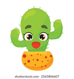 A vibrant cartoon cactus with an expressive face, large eyes in a decorative flower pot. An emotional character suitable for children's products, illustrations, animations, and decor