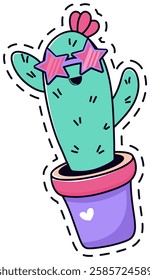 Vibrant cartoon cactus in a purple pot, adorned with playful star shaped sunglasses and a heart detail. The whimsical design features bold colors and a cheerful, fun loving expression