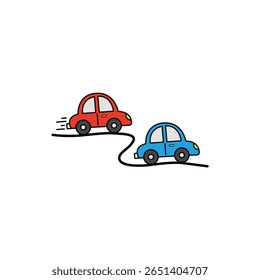 Vibrant cartoon cars in red and blue driving on a winding road, perfect for children's themes, playful designs, and fun illustrations that inspire imagination.