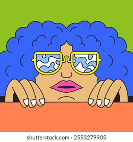 Vibrante personaje de dibujos animados con pelo rizado azul y gafas de sol Funky - ilustración retro moderna de dibujos animados retro Antiguas dibujado a mano