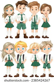 Vibrant cartoon characters of students in uniform having fun together
