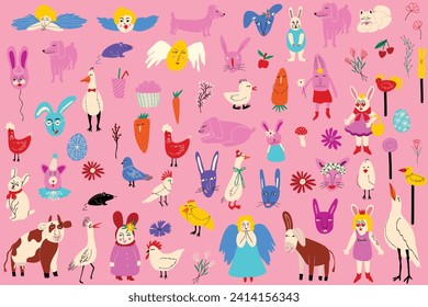 Vibrant cartoon comic Easter characters and farm animals. Funky bizarre characters in modern flat hand drawn style