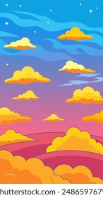 A vibrant cartoon depicts a colorful sky filled with clouds and stars