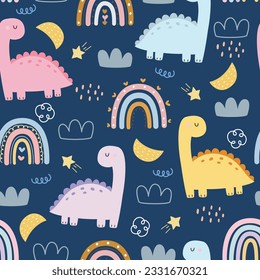 Vibrant cartoon dinosaur illustration on seamless patterns - Creative and adorable artwork for children's entertainment and design. Fun and lively character design