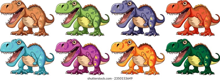 Vibrant cartoon dinosaurs in various colors and styles