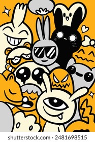 Vibrant cartoon doodle art featuring an assortment of whimsical characters in black, grey, and yellow tones with playful expressions.
