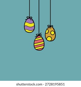 Vibrant cartoon Easter eggs suspended by strings with ribbons, featuring stripes, polka dots, and bright colors. Perfect stock image for spring, Easter greetings, and festive family celebrations.