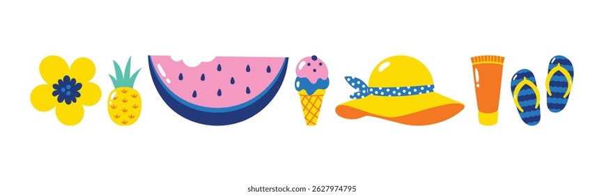 Vibrant cartoon elements depicting summer holidays. Isolated icons like flower, pineapple, watermelon, ice cream, hat, sunscreen, and sandals creating a cheerful scene.