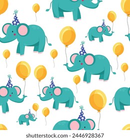 Vibrant cartoon elephant pattern on isolated background. Cute elephants in funny cap with yellow balloons in birthday style. For children's holidays, wallpapers, book characters.