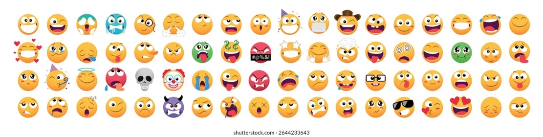 Vibrant cartoon emoji set showing various expressions and emotions. Perfect for digital media, messaging, and design use.