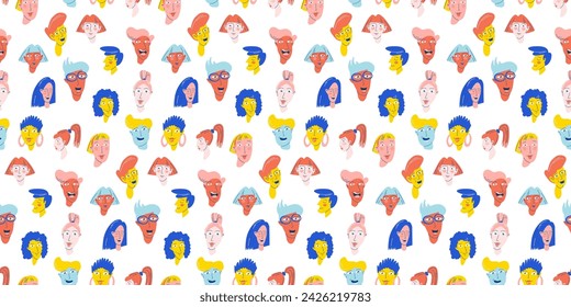 Vibrant Cartoon Faces Collage in Pop Art Style. Diverse Faces Seamless Pattern in Bold vibrant Colors for Creative Design, Social Media Content and Marketing. Vector illustration, flat style design