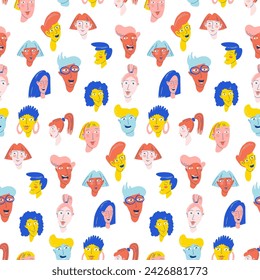 Vibrant Cartoon Faces Collage in Pop Art Style. Diverse Faces Seamless Pattern in Bold vibrant Colors for Creative Design, Social Media Content and Marketing. Vector illustration, flat style design