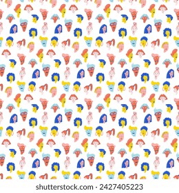 Vibrant Cartoon Faces Collage in Pop Art Style. Diverse Faces Seamless Pattern in Bold vibrant Colors for Creative Design, Social Media Content and Marketing. Vector illustration, flat style design