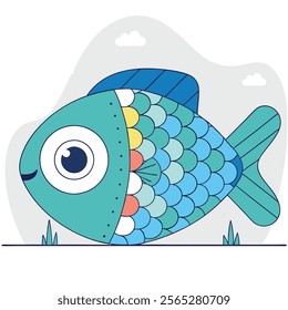 A vibrant cartoon fish illustration featuring colorful scales, bright yellow fins, and large expressive eyes. Ideal for children's books, websites, educational materials, or any project needing a