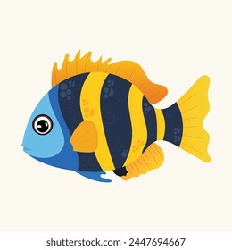 Vibrant cartoon fish illustration on isolated background. Cute vector blue and yellow striped fish in childish style. For cards, posters, book characters.