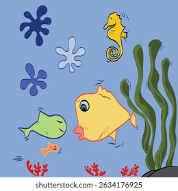 Vibrant cartoon fish navigating marine environment, accompanied by seahorse, swaying seaweed, and colorful coral reef