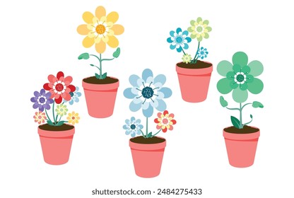 Vibrant cartoon flowers in pink pots. Vector illustration on white background
