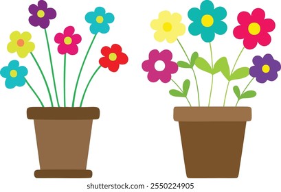 Vibrant cartoon flowers in pots, flat vector style , Spring daisy flowers in pots illustration, illustration on white background
