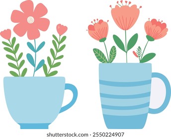 Flores de dibujos animados vibrantes en macetas, estilo de Vector plano, flores de margarita de primavera en ilustración de macetas, ilustración sobre fondo blanco