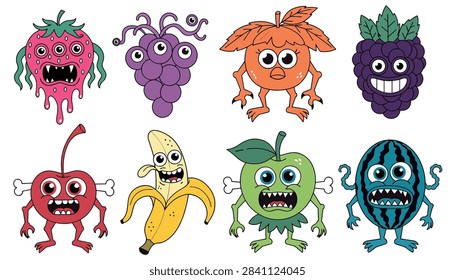Vibrant Cartoon Fruit Monster Characters Illustration Set