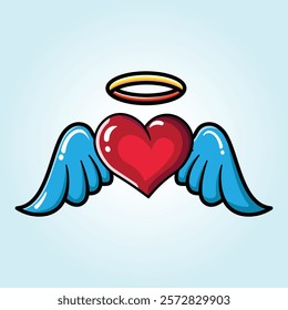 A vibrant cartoon heart with angel wings and a halo, symbolizing pure love.