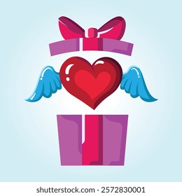 A vibrant cartoon heart with wings emerges from a gift box, depicting the spirit of Valentine's Day.