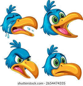Vibrant cartoon hornbill showcasing diverse emotions in a playful vector style. Bright colors and exaggerated features enhance expressiveness